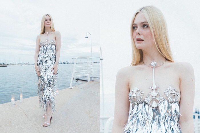 Elle Fanning 鏤空羽毛禮服:大尺度胸前鏤空,女生也忍不住近看!