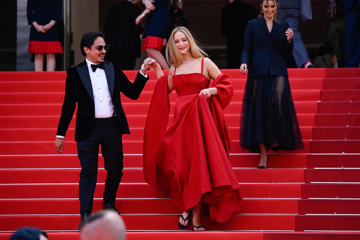 jennifer lawrence flip flops cannes dior couture tiffany 2023 red carpet