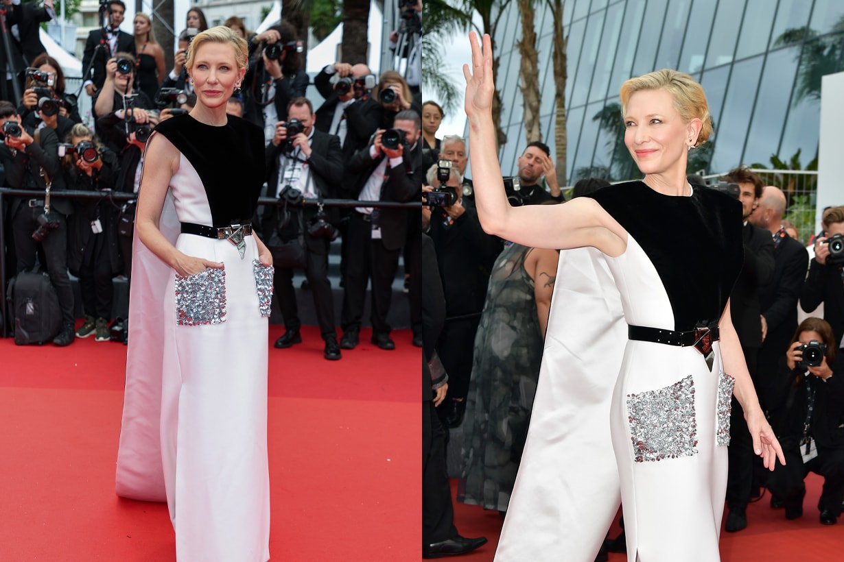 Cate Blanchett cannes barefoot louis vuitton re use fabrics red carpet look 2023