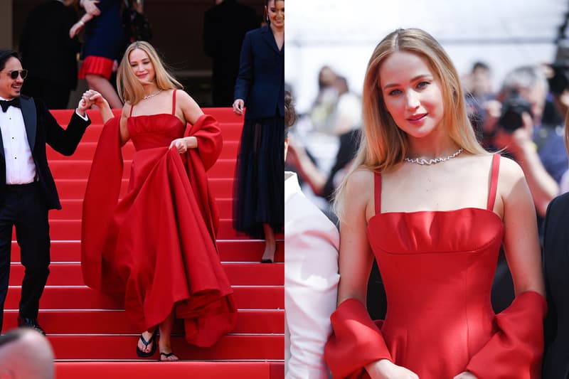 jennifer lawrence flip flops cannes dior couture tiffany 2023 red carpet