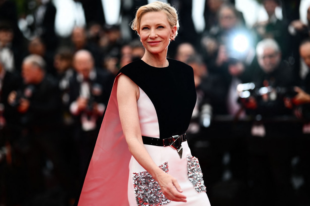 Cate Blanchett cannes barefoot louis vuitton re use fabrics red carpet look 2023