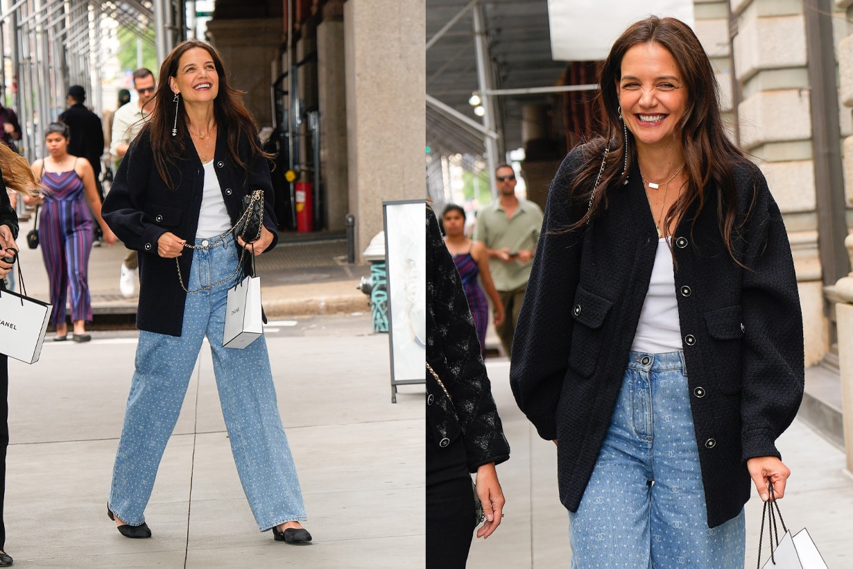 katie holmes chanel t-shirt jeans flats jacket look effortless chic