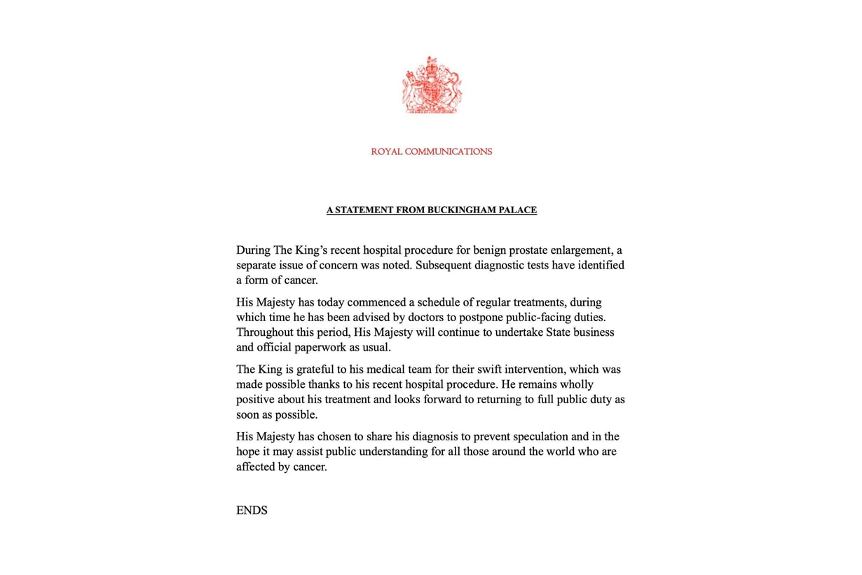 king Charles III Buckingham Palace cancer announcement