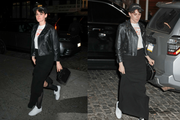 kristenstewartstyle-fashionicon-mixandmatchfashion-bikerjacketchic-bermudashortstrend-silkskirtstyle-tshirtfashion-statementshoes-vanssneakers-wolfordtights