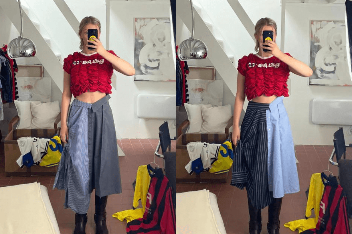 blokecore-paris-olympics-kitten-charley-keighley-recycled-vintage-sportswear-jennie-conner-ives-sustainable-summer-outfits-ruffed-waist-retro-upcycled-bubble-skirt-shirt-skirt-jers