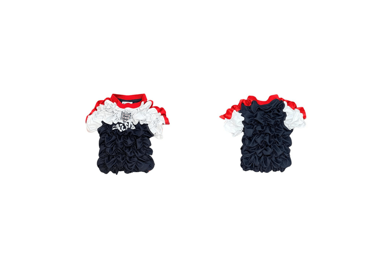 blokecore-paris-olympics-kitten-charley-keighley-recycled-vintage-sportswear-jennie-conner-ives-sustainable-summer-outfits-ruffed-waist-retro-upcycled-bubble-skirt-shirt-skirt-jers