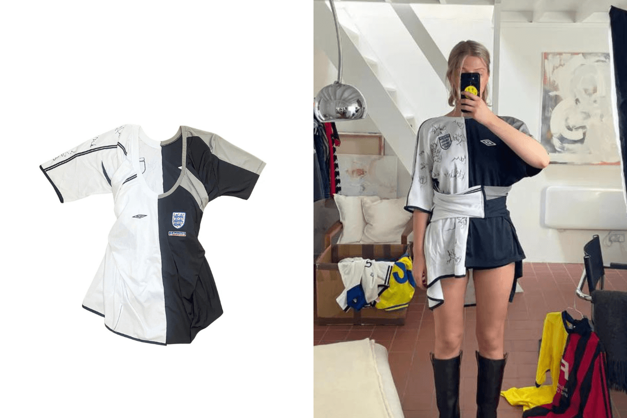 blokecore-paris-olympics-kitten-charley-keighley-recycled-vintage-sportswear-jennie-conner-ives-sustainable-summer-outfits-ruffed-waist-retro-upcycled-bubble-skirt-shirt-skirt-jers