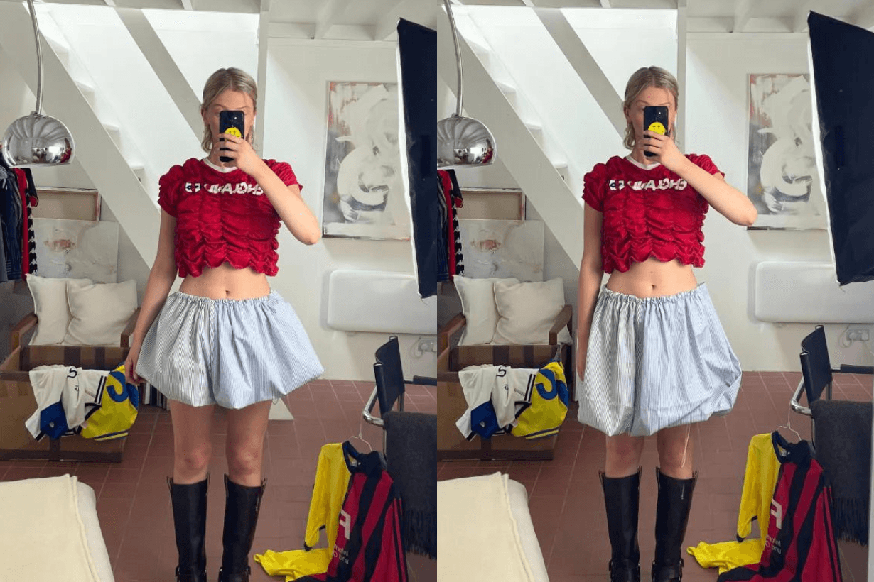 blokecore-paris-olympics-kitten-charley-keighley-recycled-vintage-sportswear-jennie-conner-ives-sustainable-summer-outfits-ruffed-waist-retro-upcycled-bubble-skirt-shirt-skirt-jers