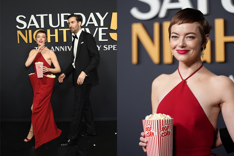 emma stone popcorn louis vuitton snl 50th party