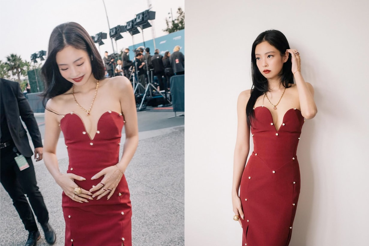 jennie billboard red carpet look gown jewelry makeup details ruby
