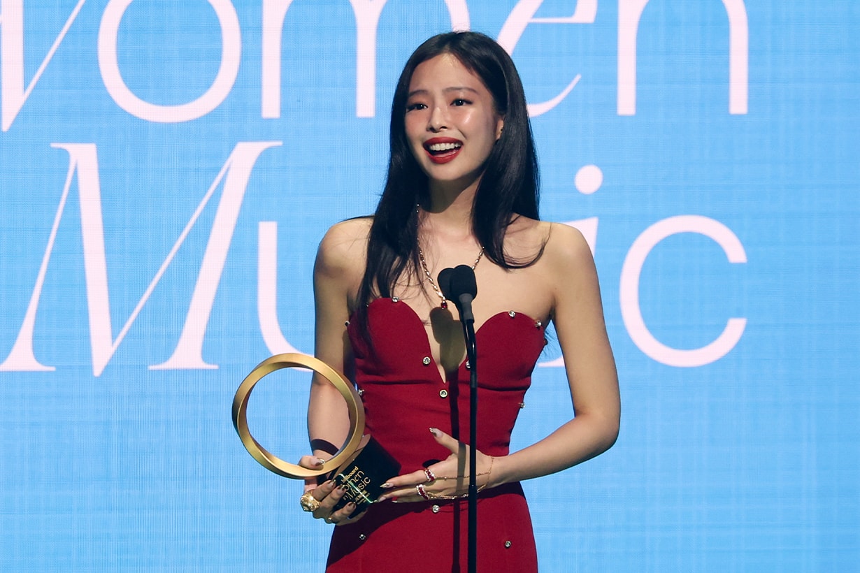 jennie billboard red carpet look gown jewelry makeup details ruby
