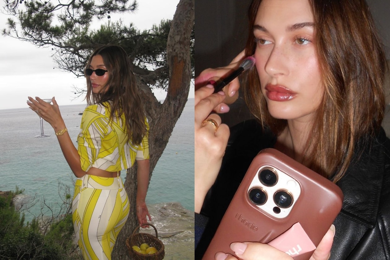 Hailey Bieber sporting the glowing glazed blush makeup trend for Spring Summer 2026, featuring a dewy and glass-like pink cheek finish.