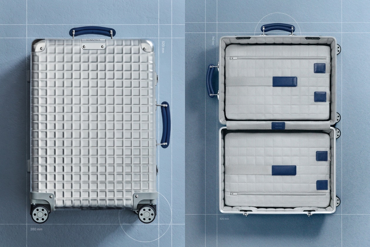 RIMOWA 2026 Classic Grid Limited Edition Silver Aluminum Cabin Suitcase Blue Leather Handles