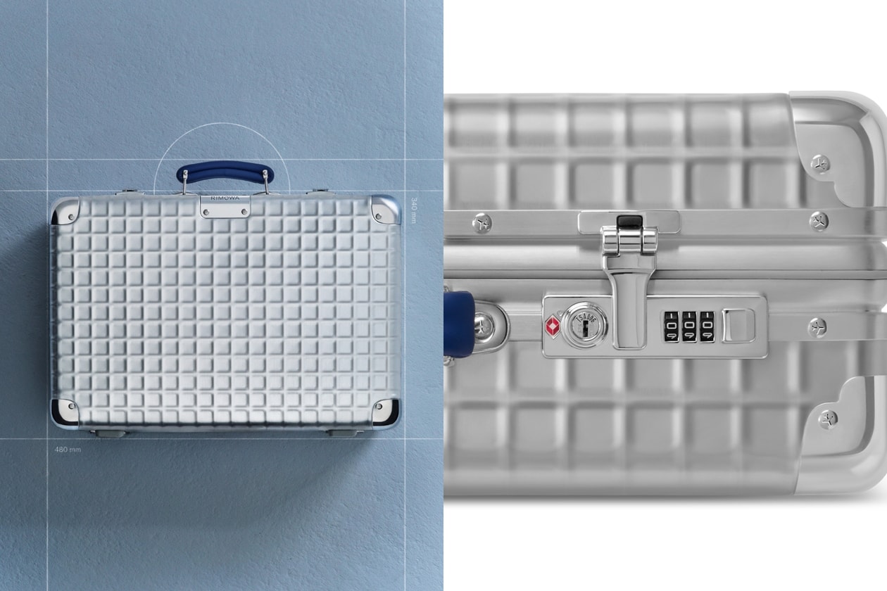 RIMOWA 2026 Classic Grid Limited Edition Silver Aluminum Cabin Suitcase Blue Leather Handles