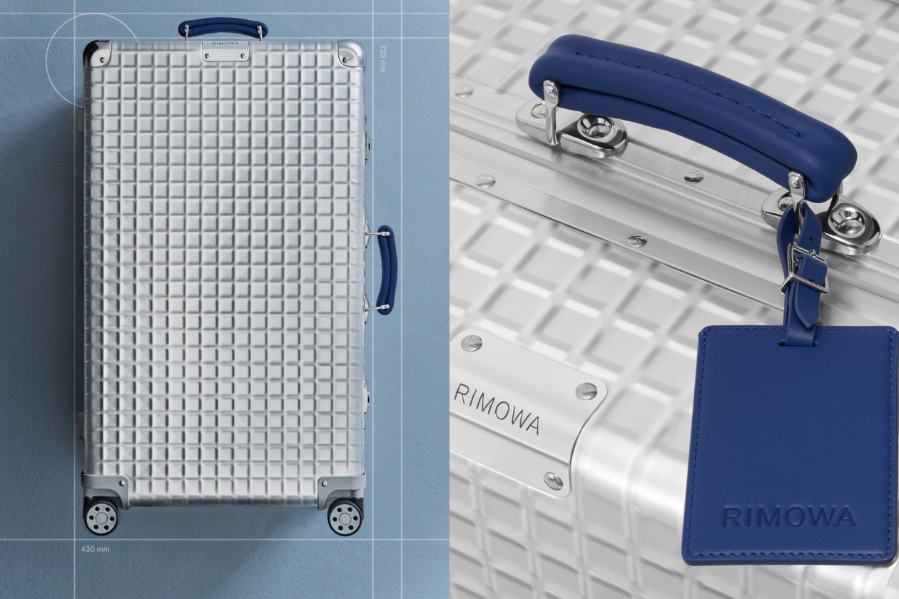 RIMOWA 2026 Classic Grid Limited Edition Silver Aluminum Cabin Suitcase Blue Leather Handles