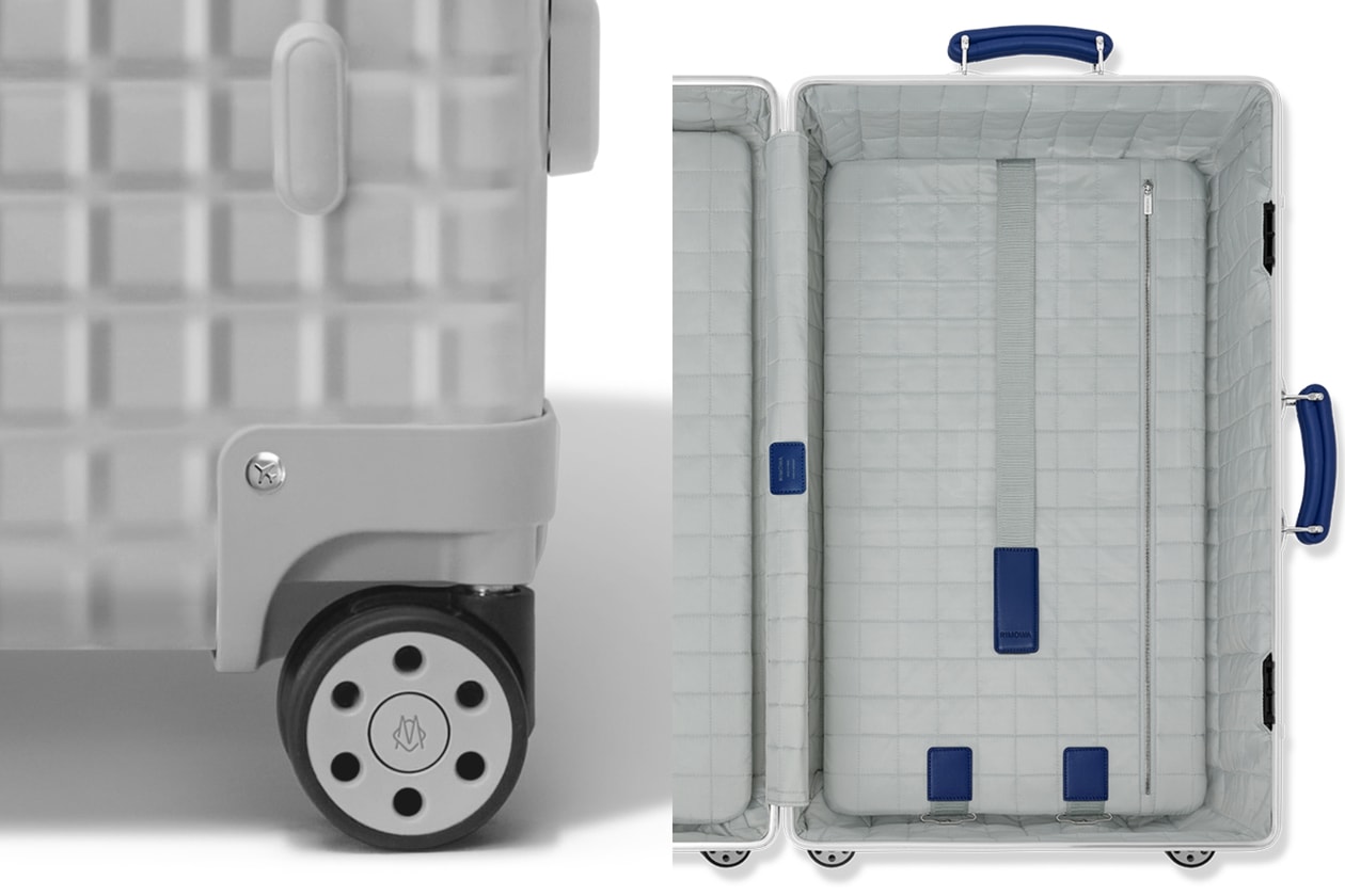 RIMOWA 2026 Classic Grid Limited Edition Silver Aluminum Cabin Suitcase Blue Leather Handles