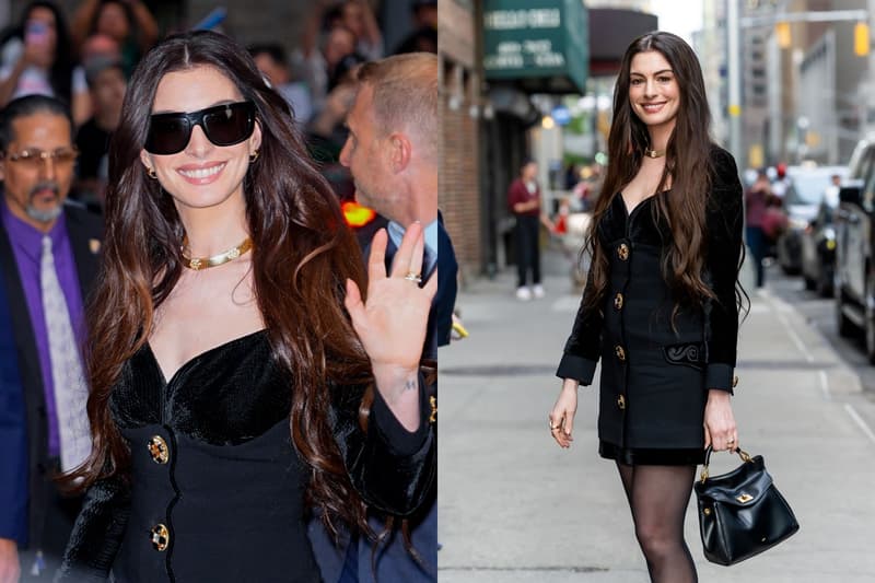 Anne Hathaway wearing a black Gianni Versace dress and carrying the black JW Pei Lucia Bag in New York in 2026