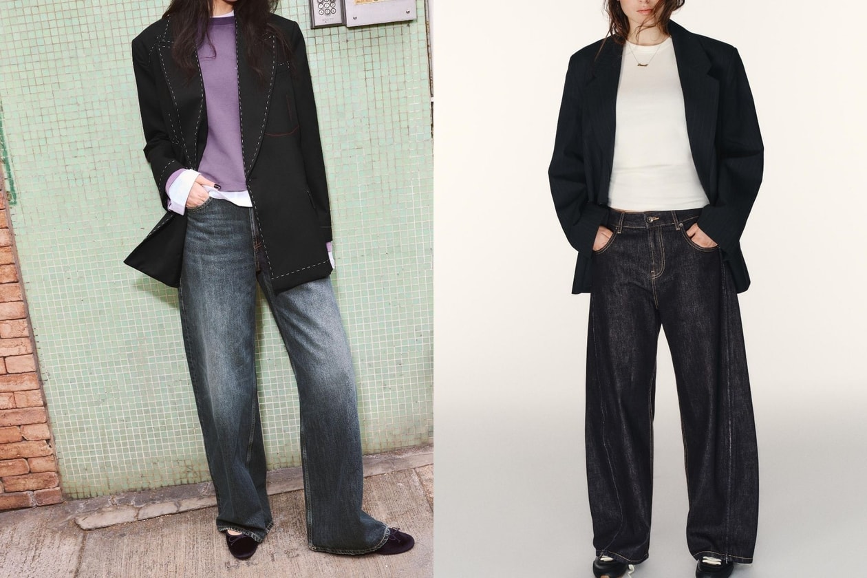 Asian woman wearing a black blazer and wide leg denim jeans walking on the street in Spring 2026.