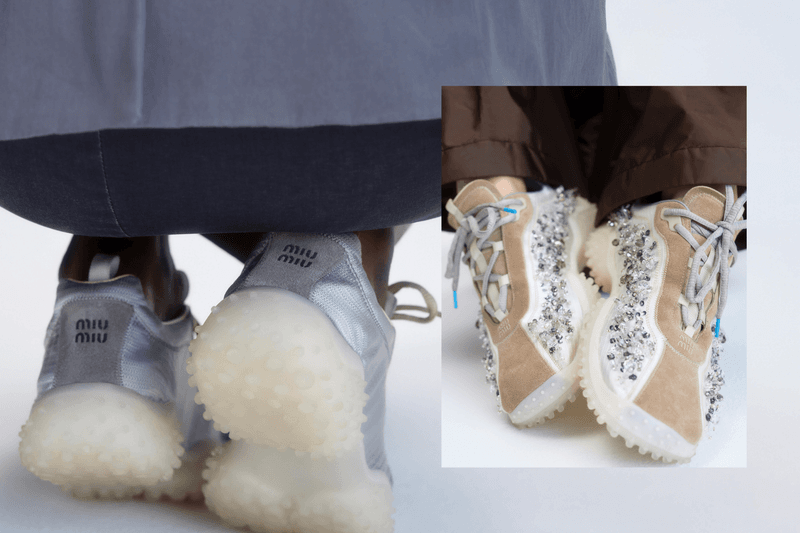 Miu Miu Bubble sneaker from FW26 runway featuring leather and suede upper with iconic lightened bubble sole