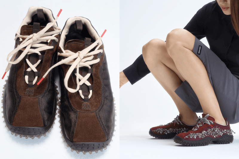 Miu Miu Bubble sneaker from FW26 runway featuring leather and suede upper with iconic lightened bubble sole
