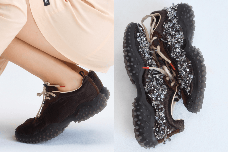 Miu Miu Bubble sneaker from FW26 runway featuring leather and suede upper with iconic lightened bubble sole