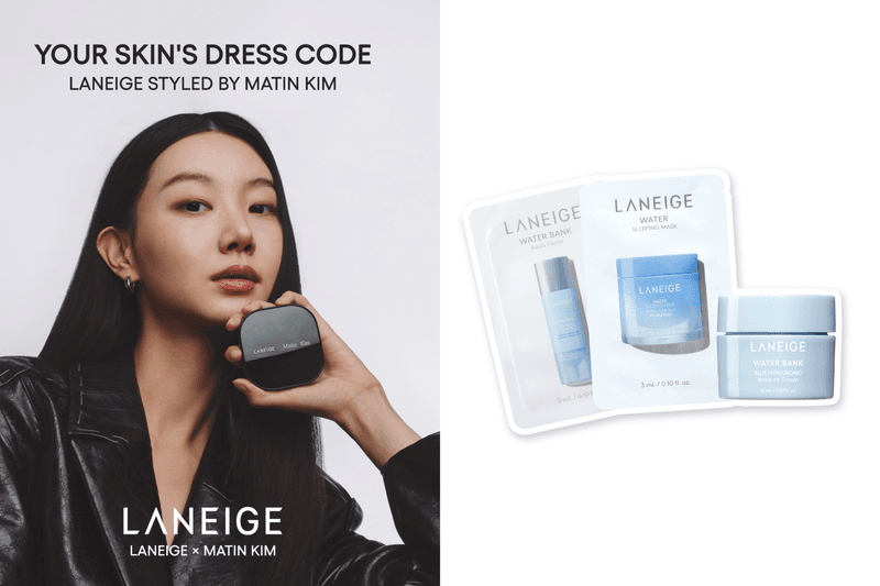 LANEIGE x Matin Kim 2026 limited edition collection featuring black and white packaging and fashion accessories.