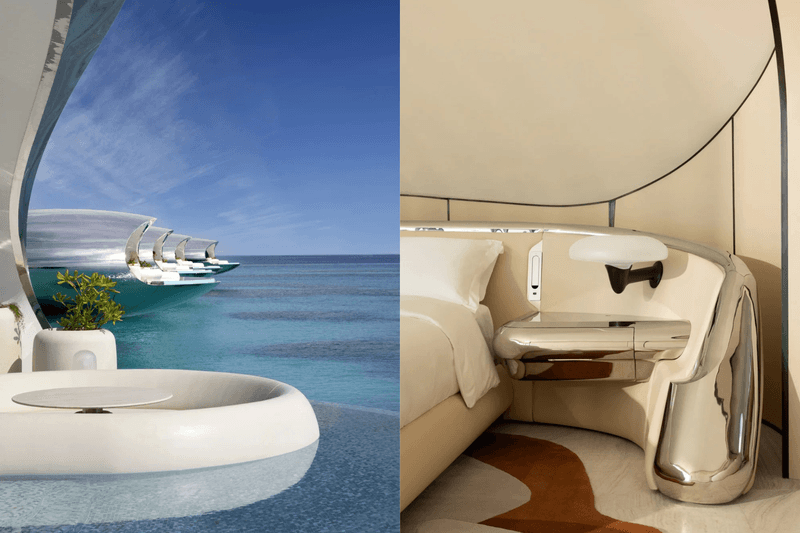 Shebara Resort 38 顆鏡面水上別墅漂浮紅海，宛如未來 UFO。 