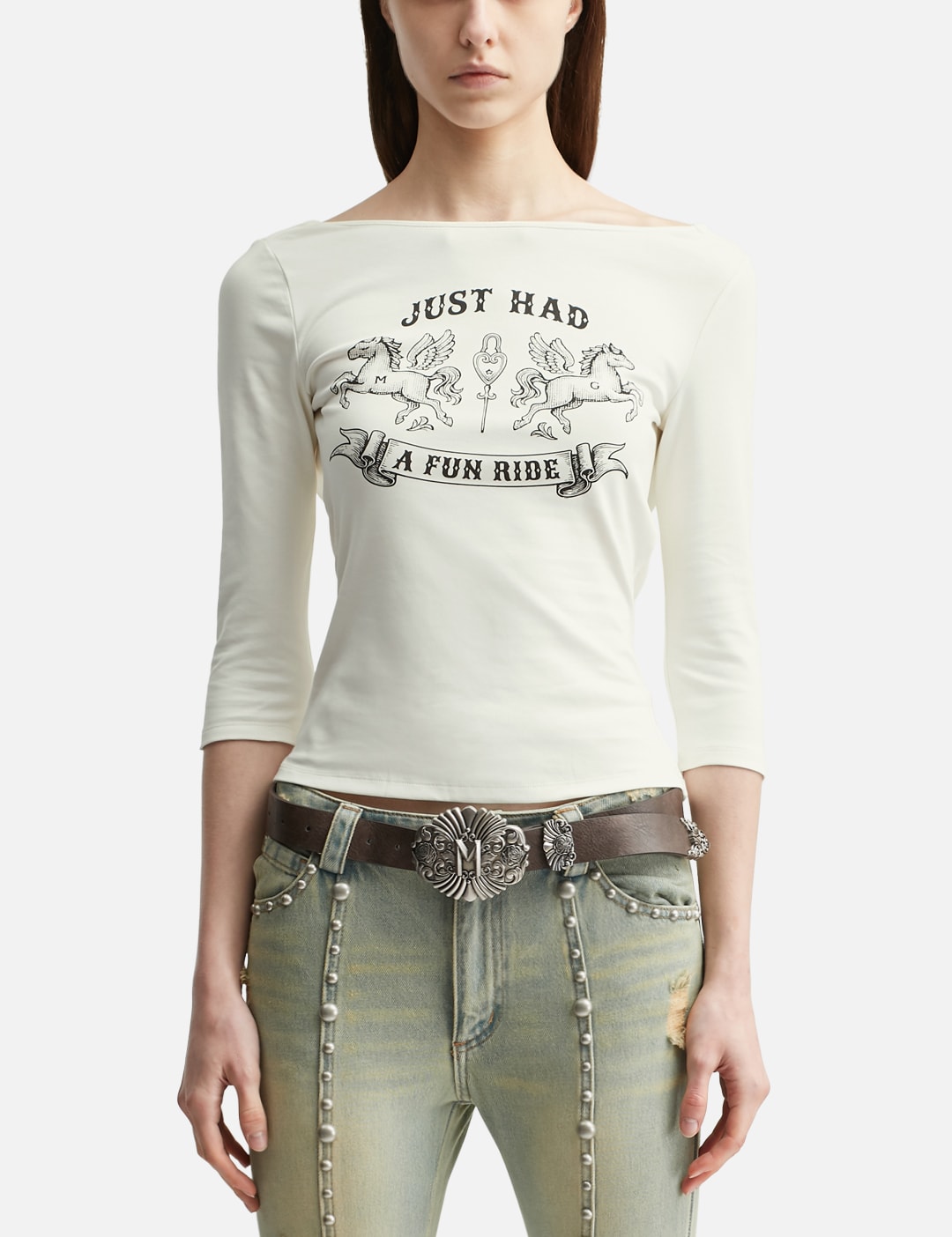 Fun Ride Printed White 3/4 Sleeve Cowl Neck Backless Top view 11