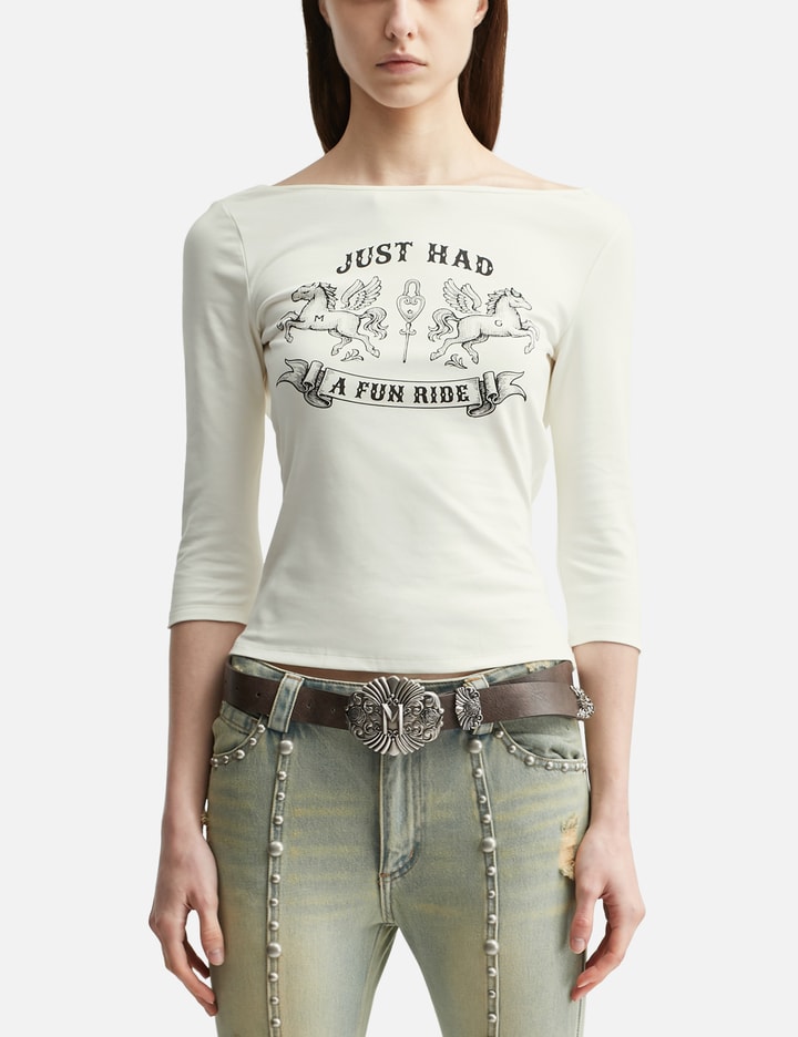 Fun Ride Printed White 3/4 Sleeve Cowl Neck Backless Top view 3