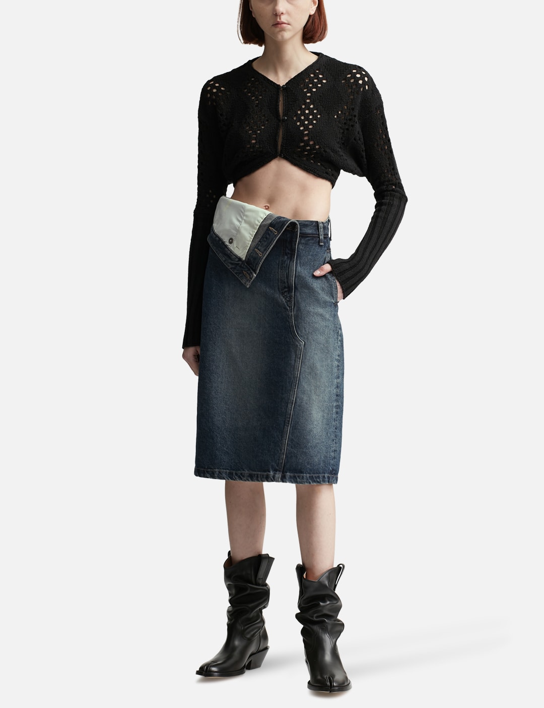 Folded-Waist Denim Midi Skirt view 12