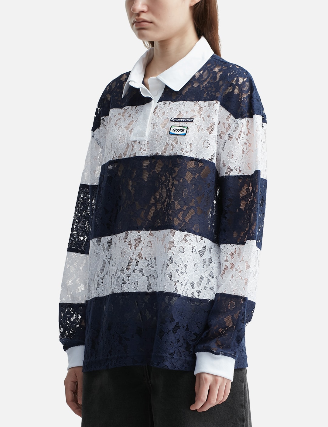 Navy Lace Stripe Piqué Top view 14