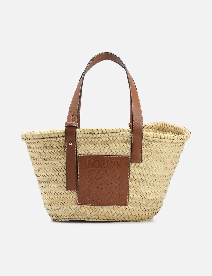 Auth LOEWE Basket Small 327.02.S93 Natural Tan Palm Leaf Calf Skin Tote Bag