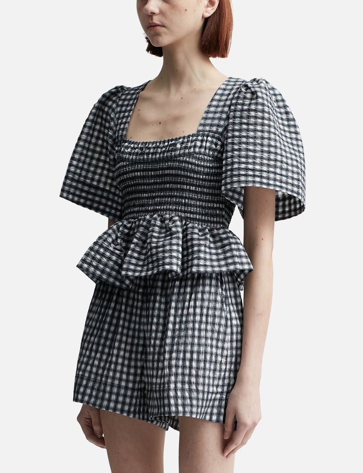 Seersucker Check Open-neck Smock Blouse Placeholder Image