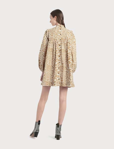 knee length dresses for ladies Ganni printed cotton poplin U-neck mini dress cheetah leopard print ruffled  hem | Pipe and Row main image 0