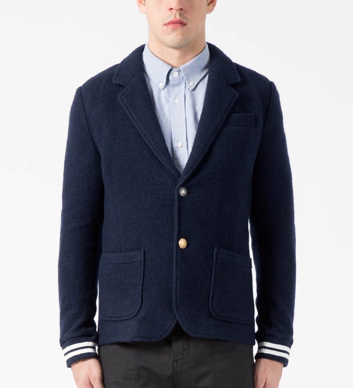 Classic Navy Felted Fleece Mix Button Blazer with Rib Cuffs Placeholder Image