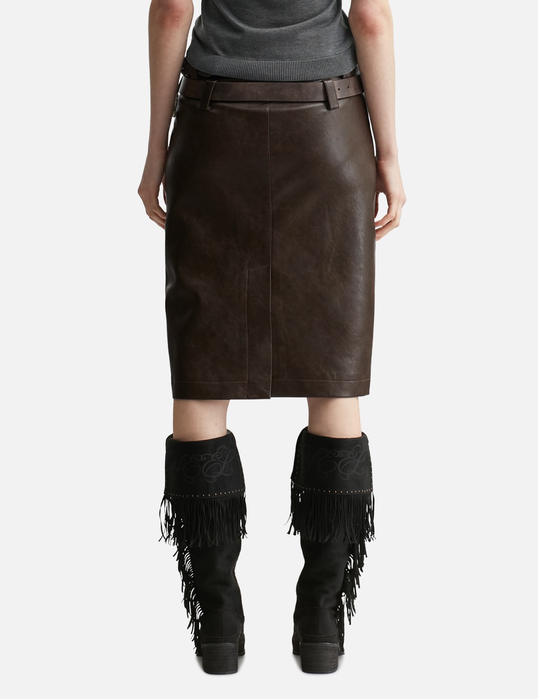 Brown Faux Leather Pencil Skirt With Detachable Belts view 13