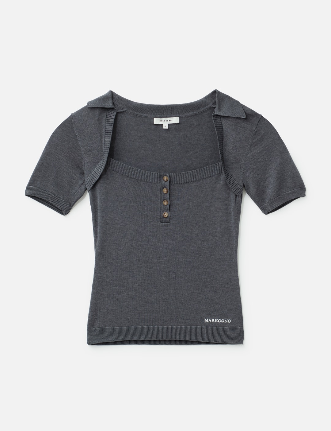 Grey Knit Short-Sleeve Button-Up Knit Top view 7