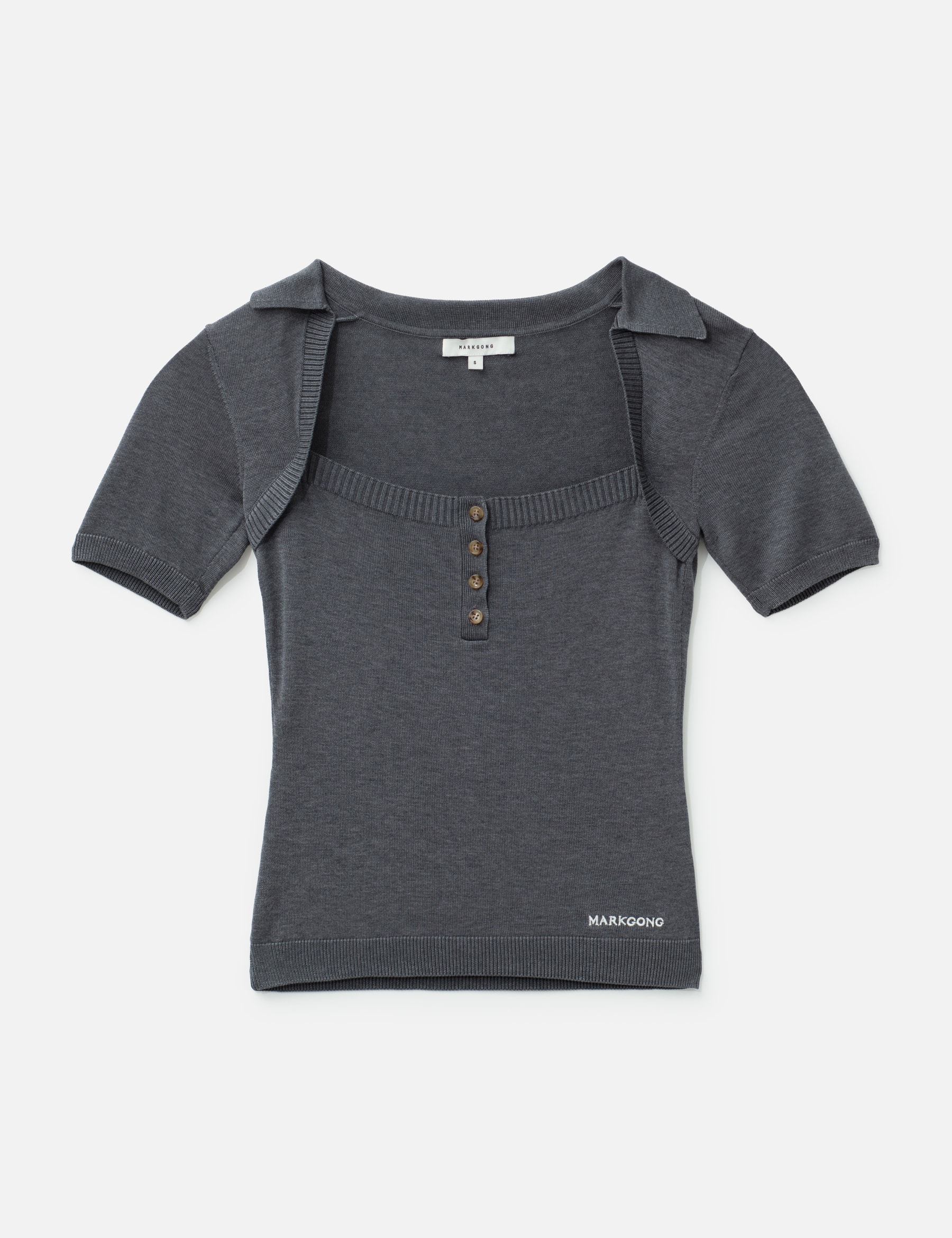 Grey Knit Short-Sleeve Button-Up Knit Top view 16