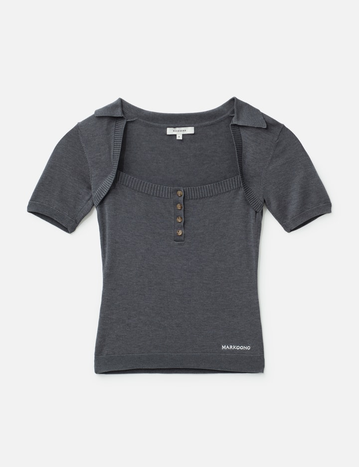 Grey Knit Short-Sleeve Button-Up Knit Top