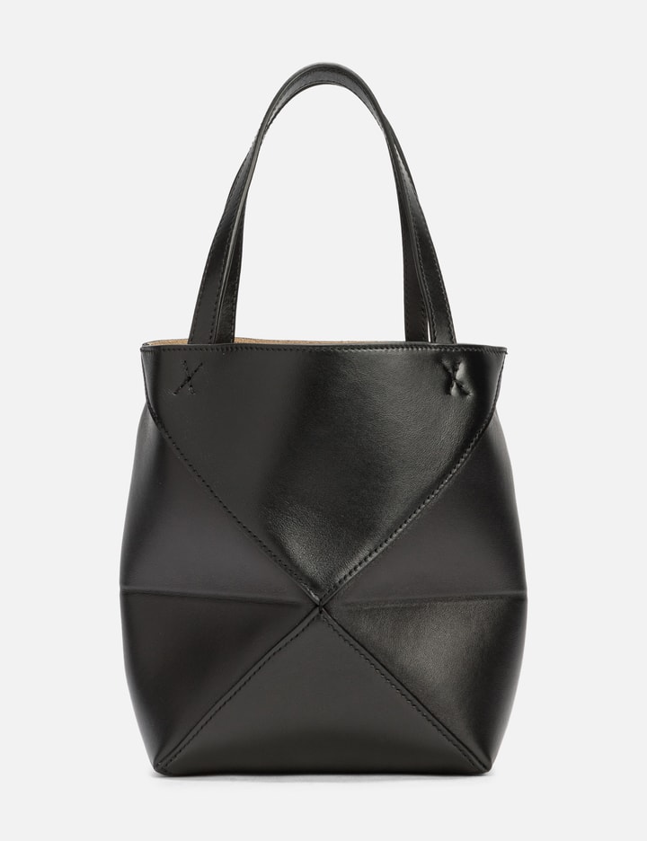 Loewe Mini Puzzle Fold Tote In Shiny Calfskin In Black