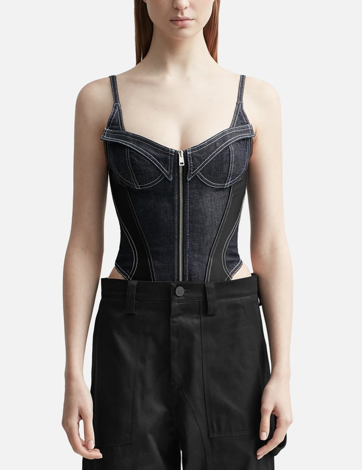 Mugler Denim Corset Bodysuit In Blue