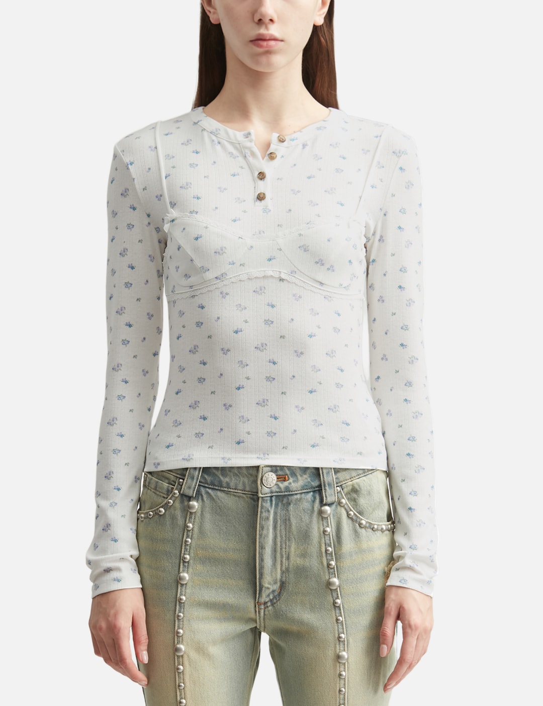 White Floral Print Lace-Trim Bralette Detail Long Sleeve Henley Shirt view 18