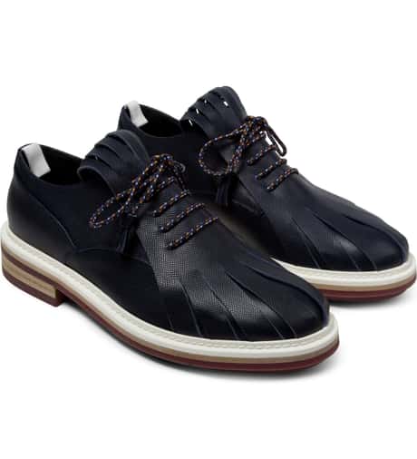 KRISVANASSCHE - Navy Fringed Tongue Derby Shoes | HBX