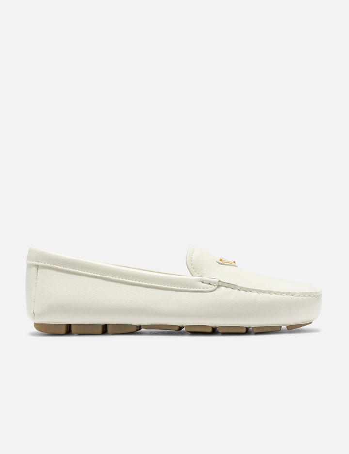 Shop Prada Suede Driving Loafers In White