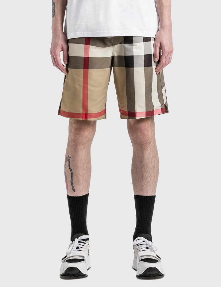 Shop Burberry Exaggerated Check Swim Shorts In Beige