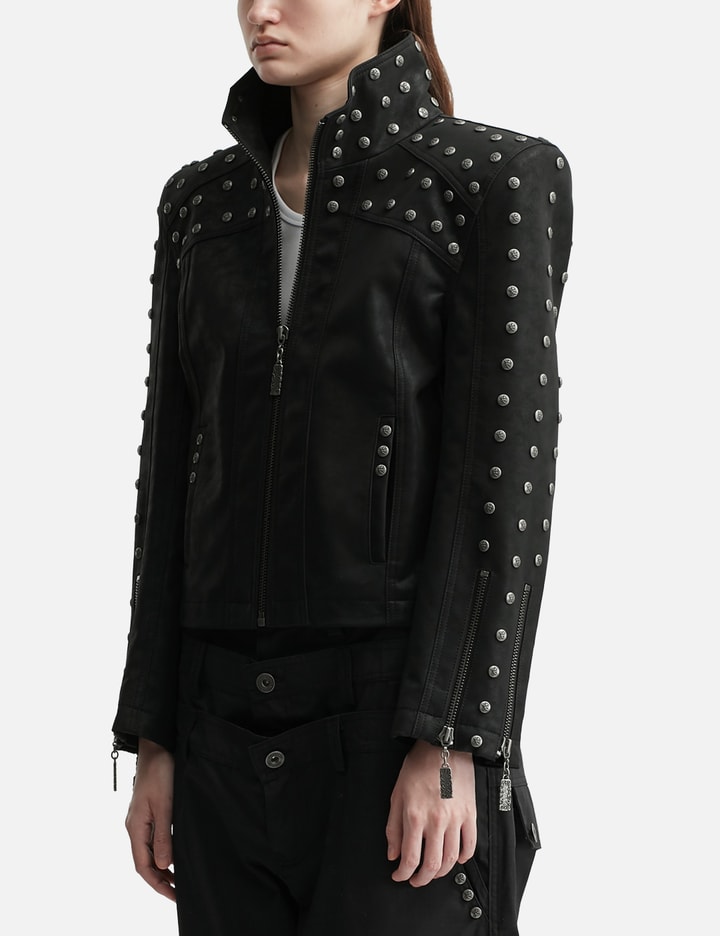 Chan Studded PU Leather Jacket With Shoulder Pads
