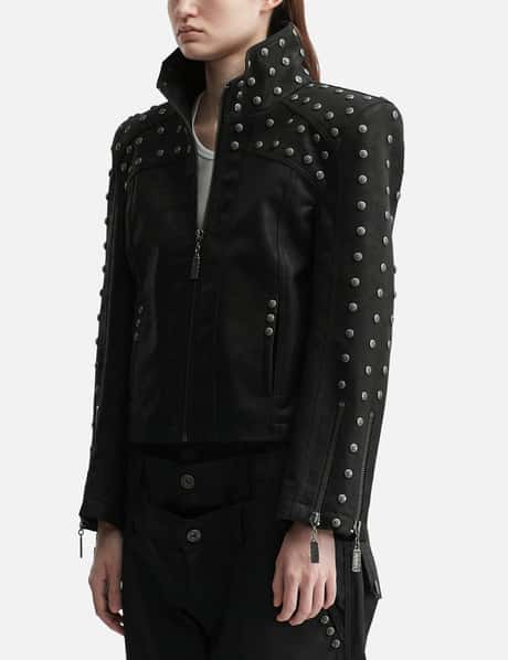 Chan Studded PU Leather Jacket With Shoulder Pads view 7