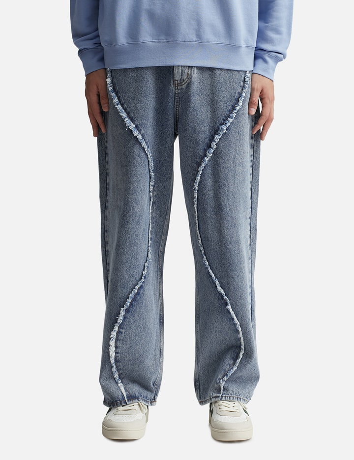 Shop Lmc Curved Raw Edge Denim Wide Jean In Blue