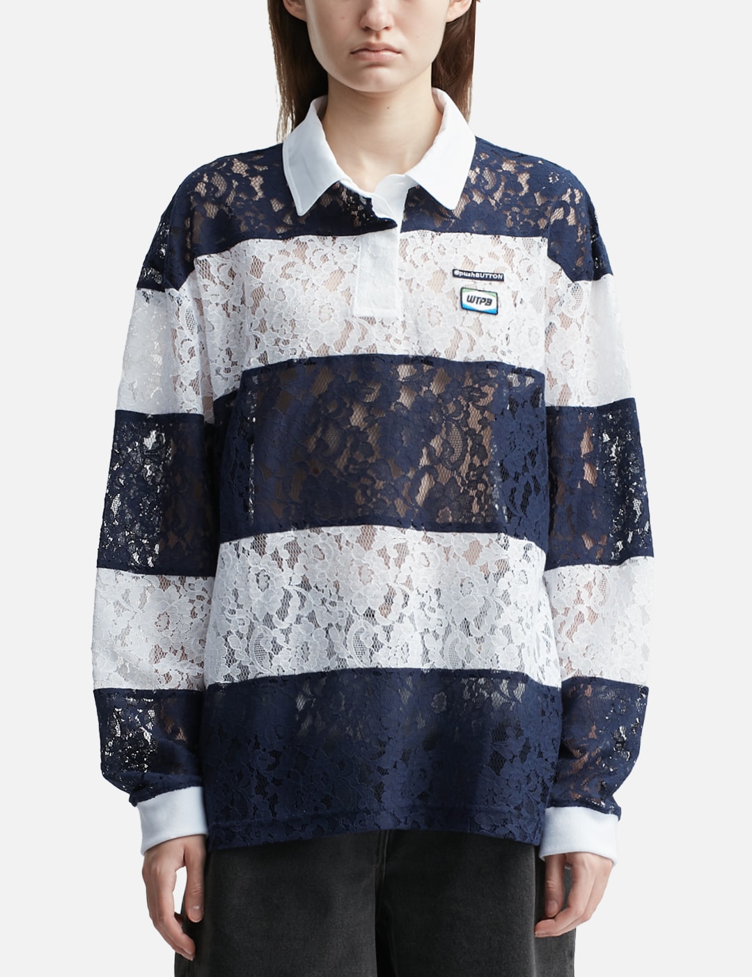 Navy Lace Stripe Piqué Top Navy Lace Stripe Piqué Top