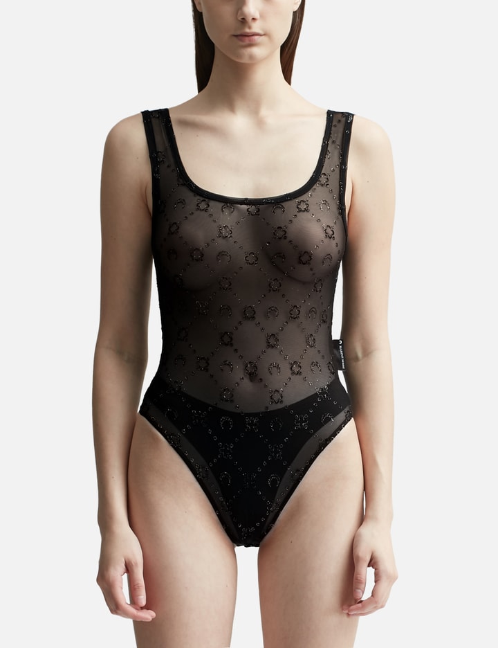 Shop Marine Serre Moonogram Mesh Flock Glitter Bodysuit In Black